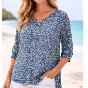 Rockflowerpaper blue block print geometric tunic blouse M